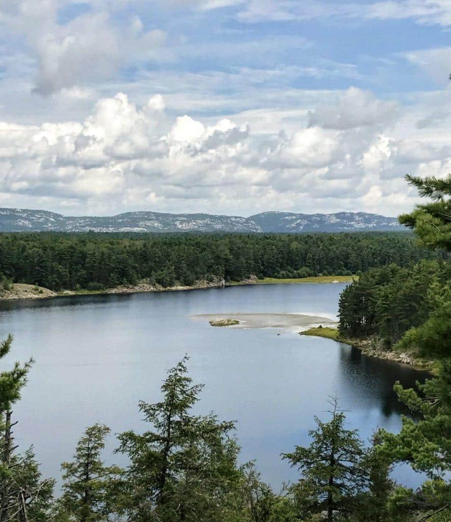 view of a lake and forest of Killarney Provincial park on La Cloche Silhouette Trail; one of Ontario's best backpacking trail