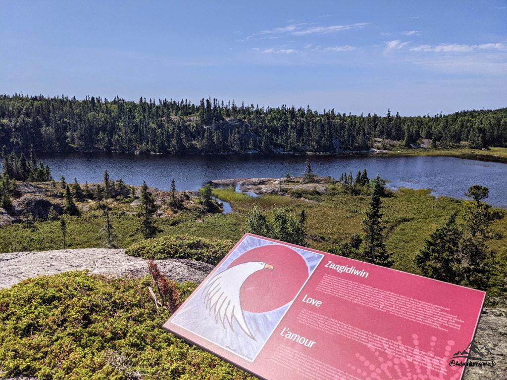 One of the seven interpretive panels about the elders' stories and teachings on the trail in Pukaskwa National Park