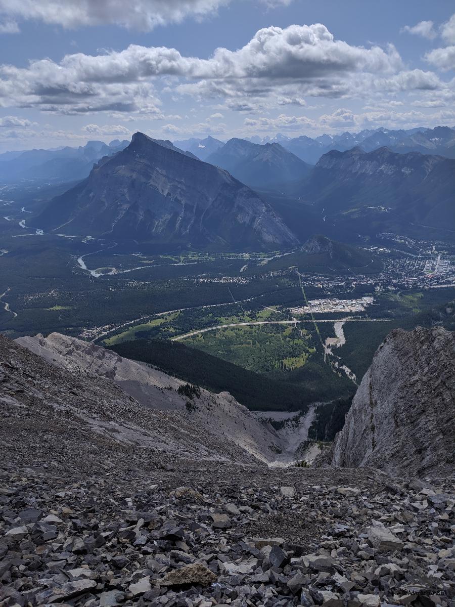 Walking on the edge of the cliff with town of Banff below