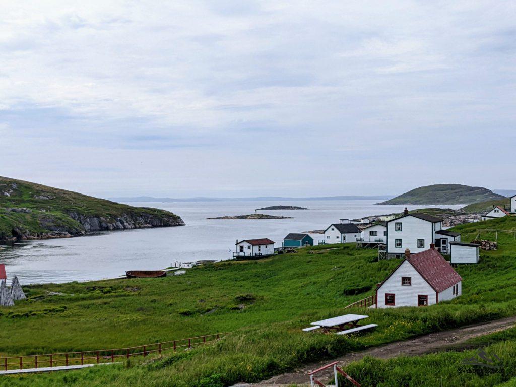 buildings of Battle Harbour on the grassy hill by the shore