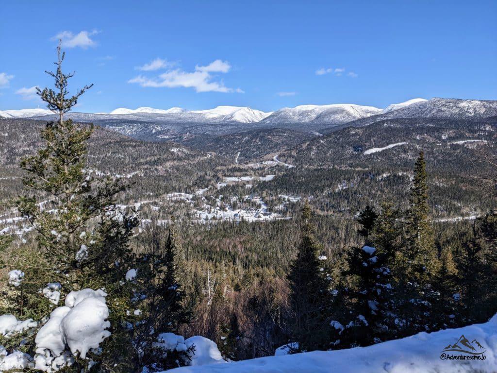 view of the mountains from the lookout on La Saillie trail in winter in Gaspesie