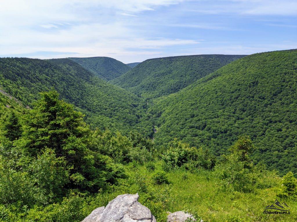 View of the highlands and the valley on the Meat Cove Mountain Trail in Cape Breton Island.
