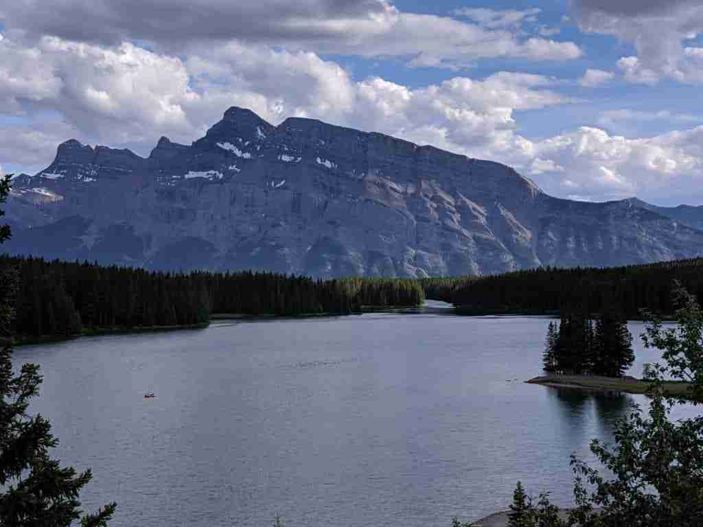 View of Two Jack Lake and Mount Rundle in the distance on the Two Jack Lake Trail in Banff