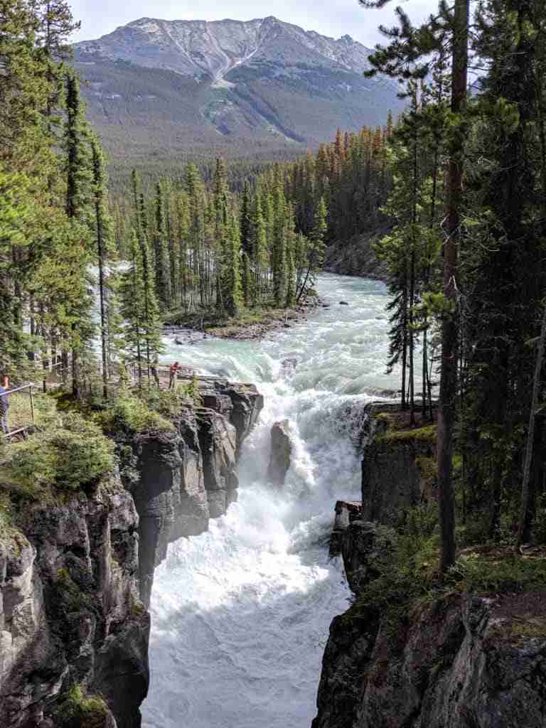 Sunwapta Falls raging waters tumbling down with the rocky cliffs on both sides and the mountain in the backdrop