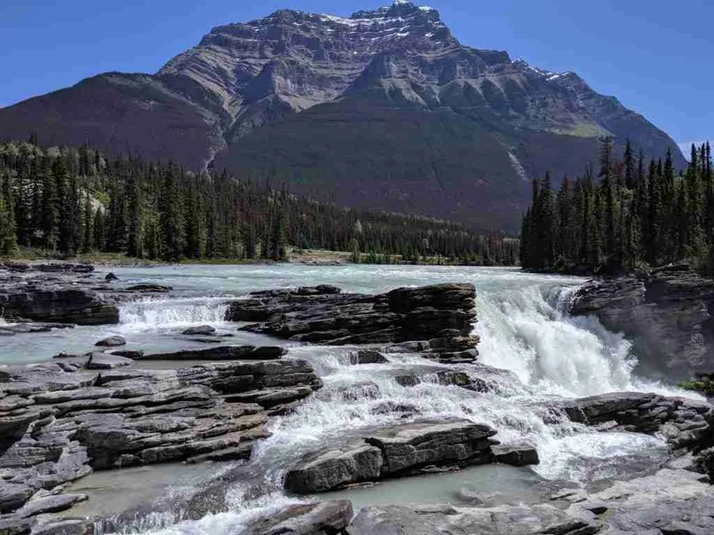 Waters of Athabasca Falls cascading on the rocky steps