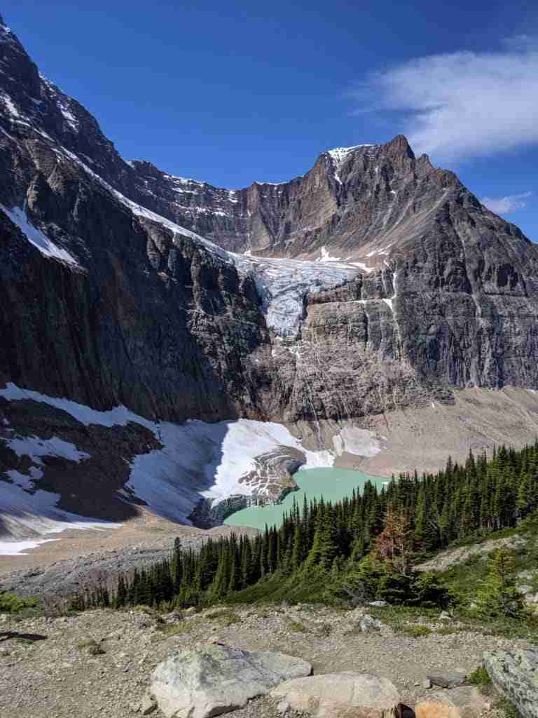 View of Edith Cavell Pond on Path of the Glacier Family Hike in the Rockies