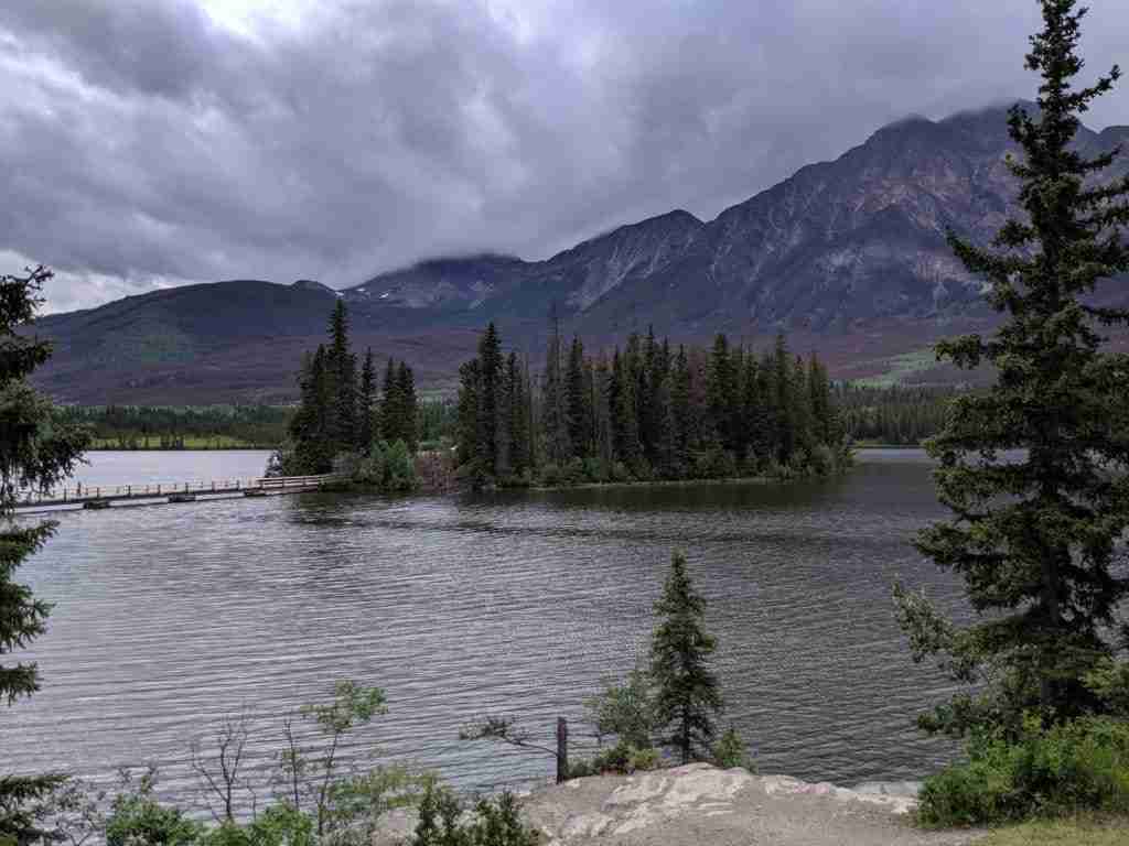 A great family hike on the bridge to Pyramid Island with Pyramid Mountain in the background