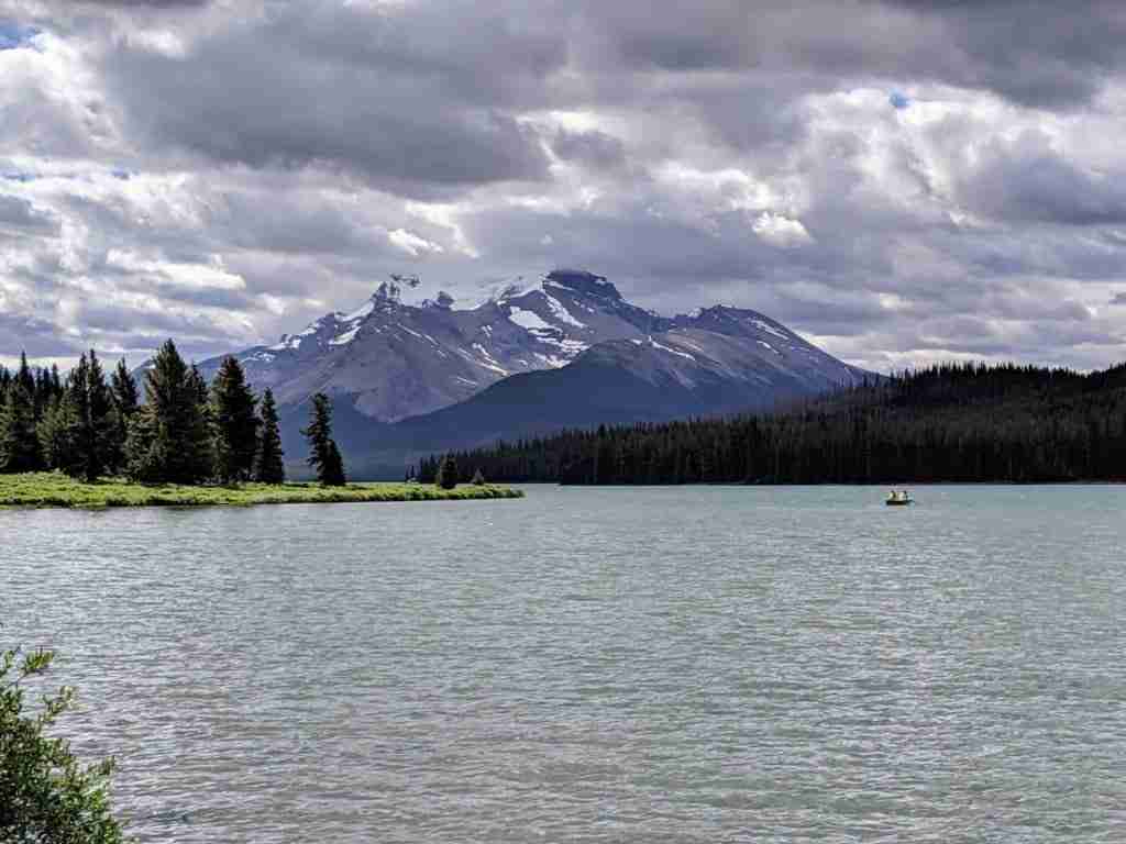 View of Maligne Lake on Mary Scheffer Loop Trail a great family hike near Jasper