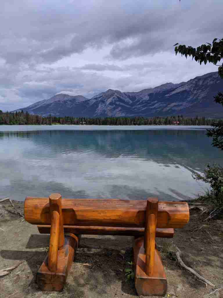 Bench to rest on the family hike around Lake Edith in Jasper