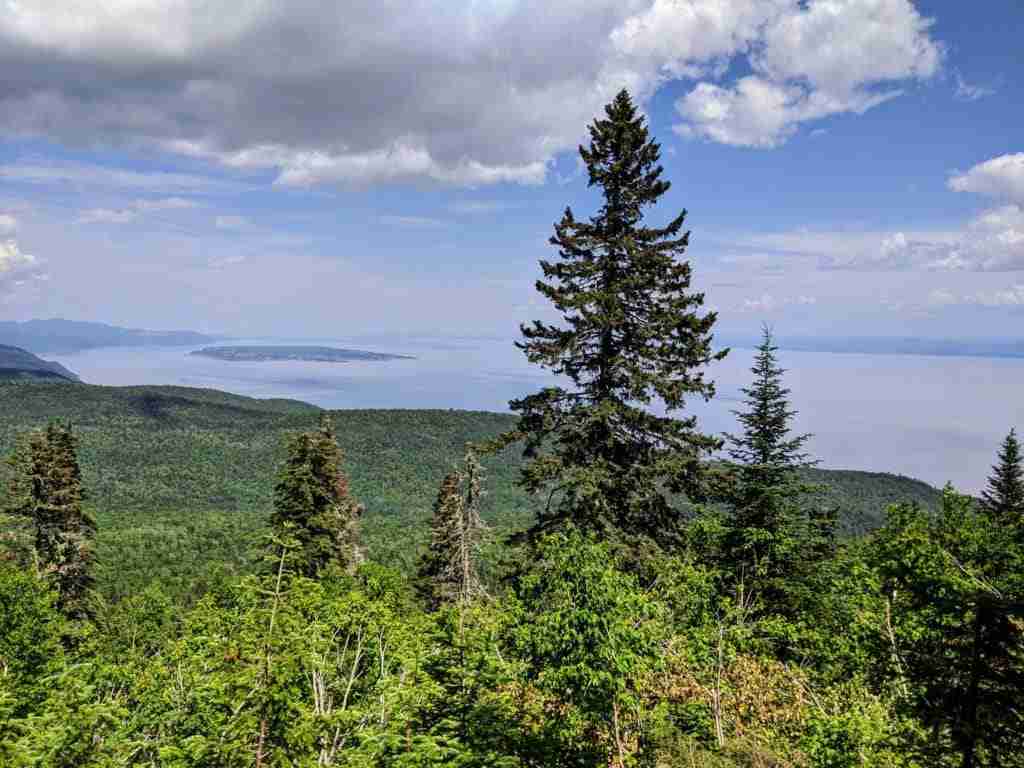 View of the St Lawrence River and L'Île aux Coudres from the lookout on Mont à Liguori in Charlevoix