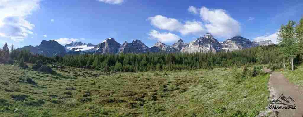 Larch Valley with the ten peaks in the distance on the approach for the Mount Temple scramble