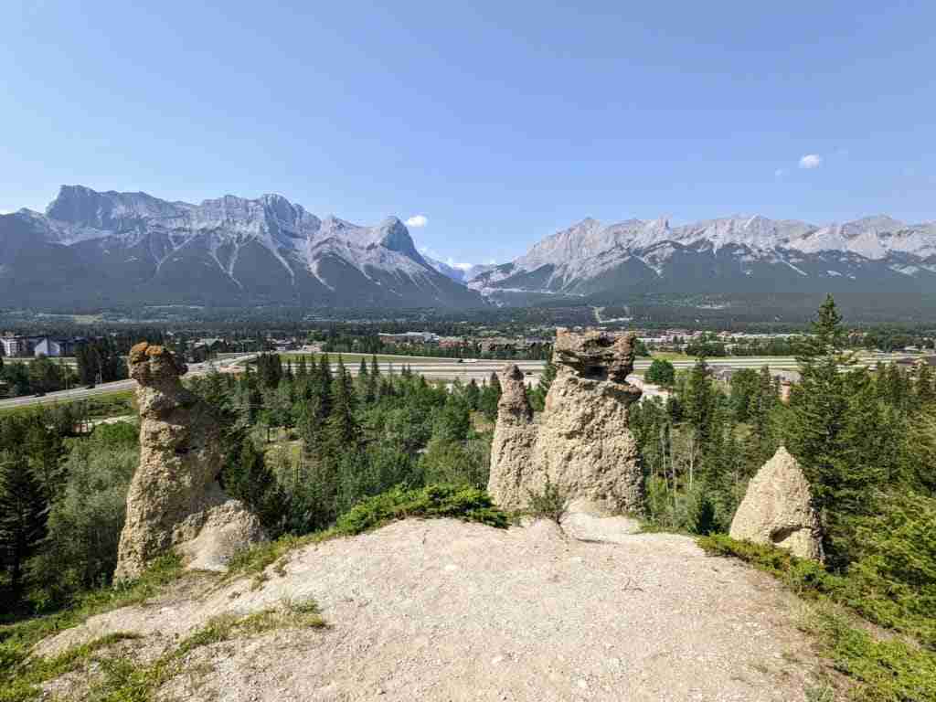 Hoodoos with the Rockies in the distance on the Hoodoos Trail in Canmore