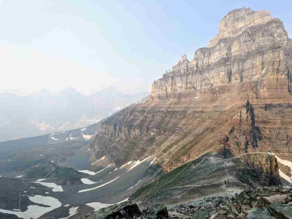 Standing on Sentinel Pass looking at Pinnacle Mountain and Larch Valley