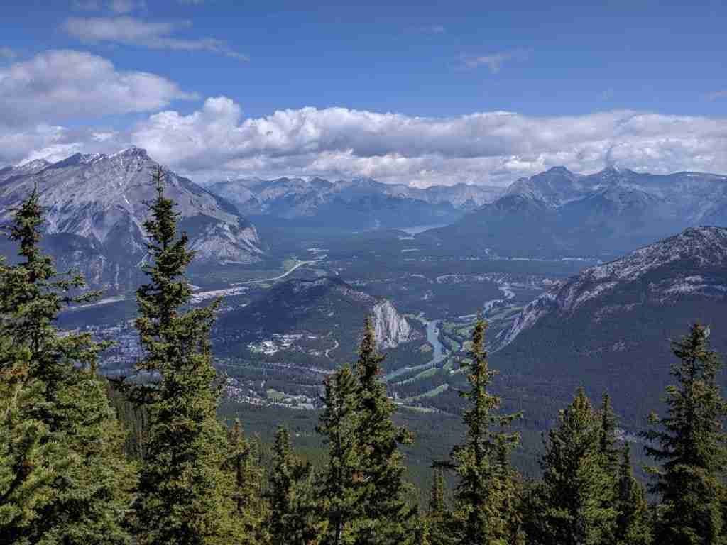 looking through the trees at the town of Banff and Tunnel Mountain