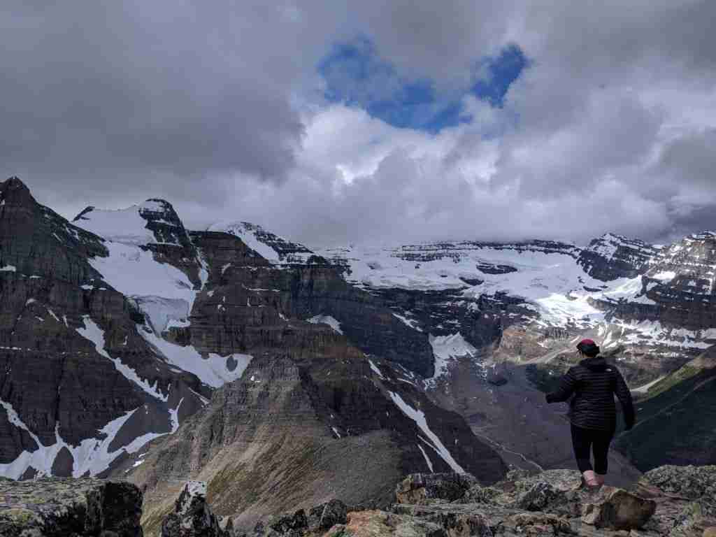 view of the snowy mountain tops from the summit of Fairview Mountain near Lake Louise