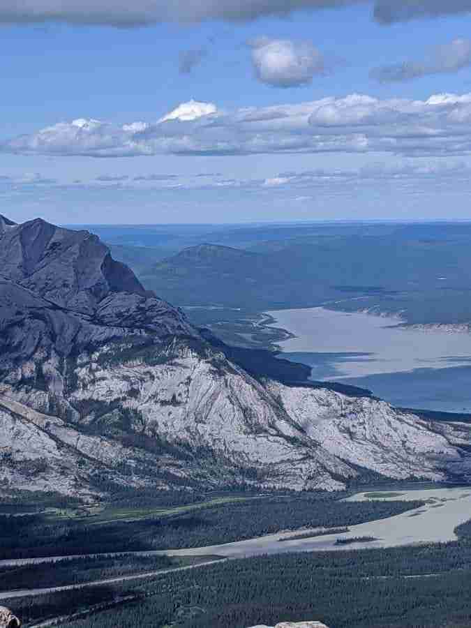 Views of the opposite mountain and the Athabasca River from the hiking trail on Roche Miette