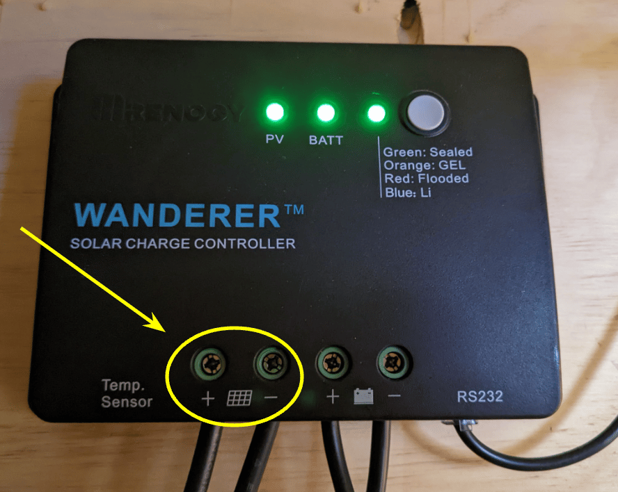 wanderer charge controller with the solar panel cable slots circled