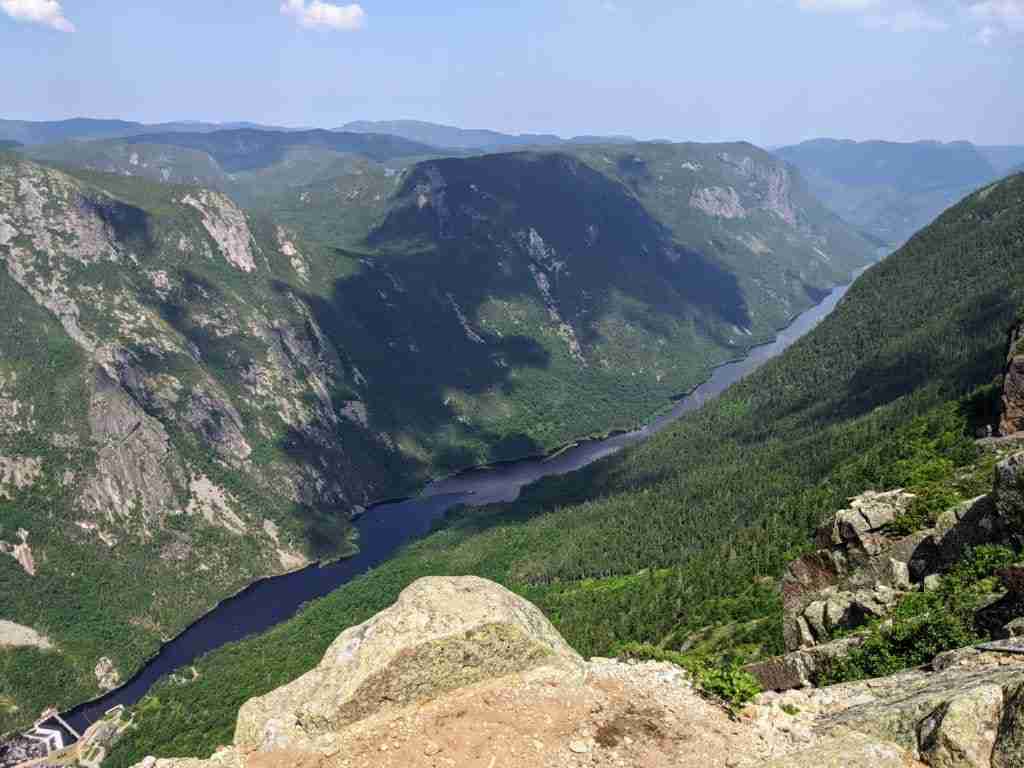 Acropole des Draveur viewpoint with the river running in the valley below i Charlevoix