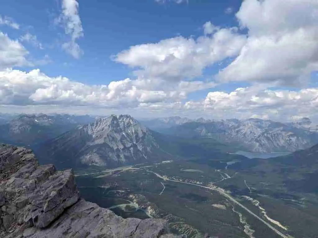 View of Banff and Cascade Mountain from Mount Rundle's summit