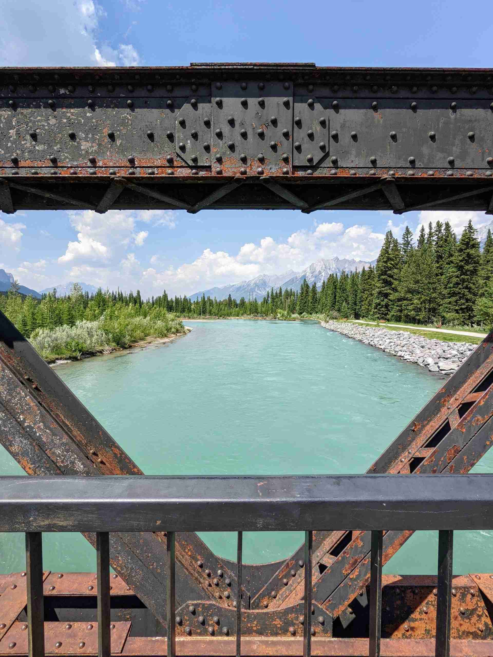 Looking at the Bow River from the old train bidge in Canmore Alberta