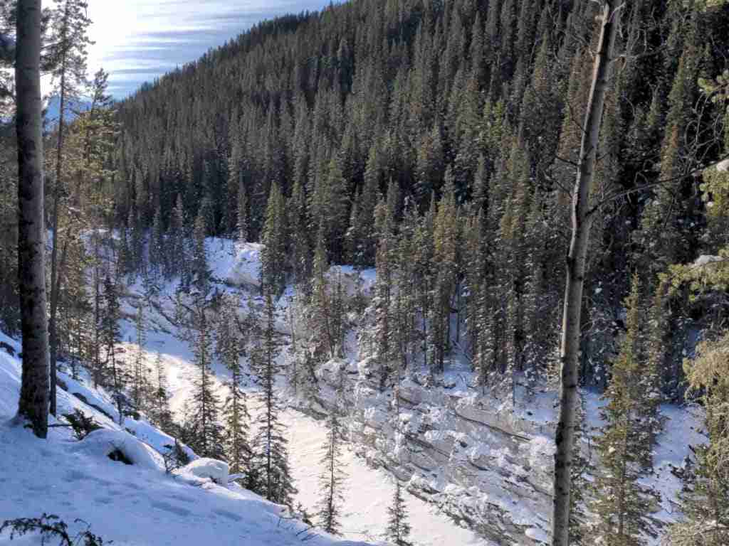 View of the Stewart Canyon from the trail in winter in Banff