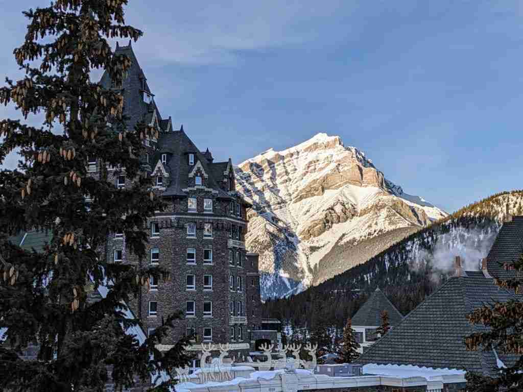 The Fairmont Banff Spring Hotel with Cascade Mountain behind it