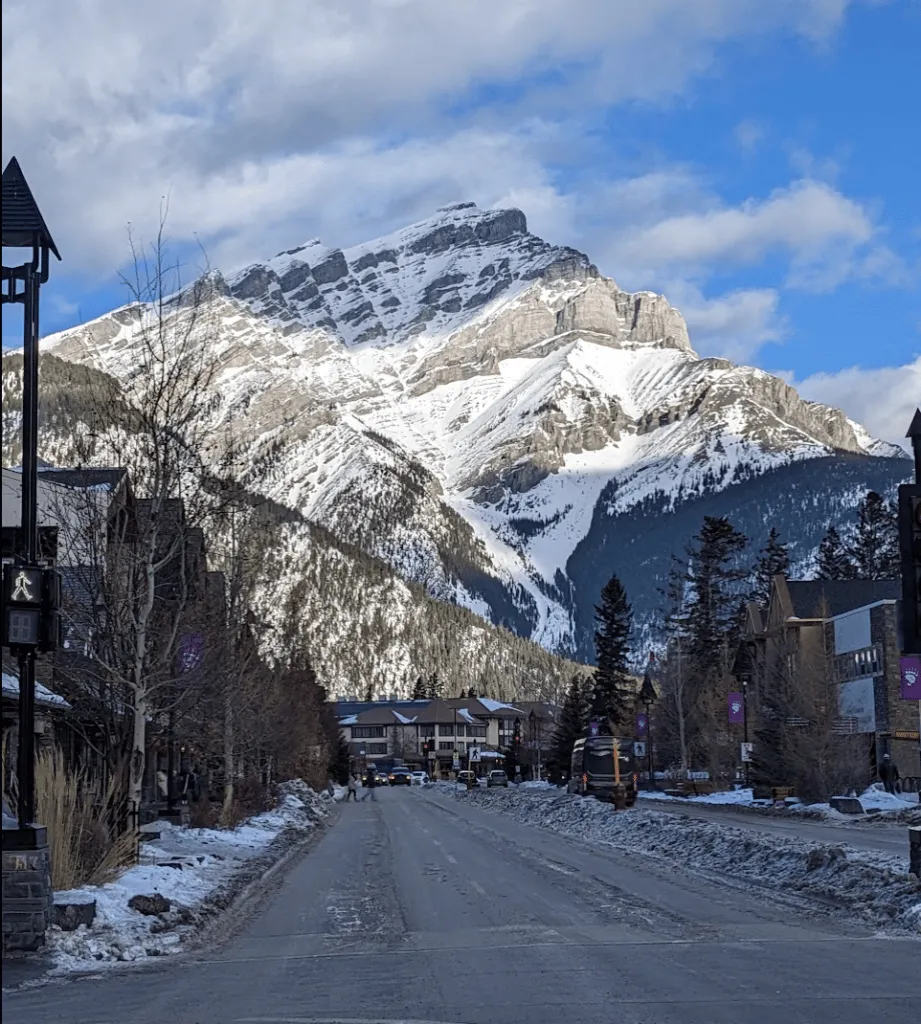 Banff Avenue with Cascade Mountain overlooking the town of Banff