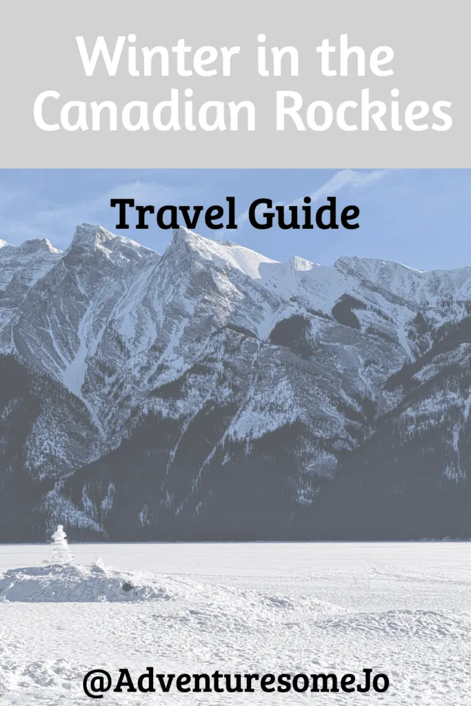 Winter in the Canadian Rockies' guide featuring frozen lake and snowy mountain