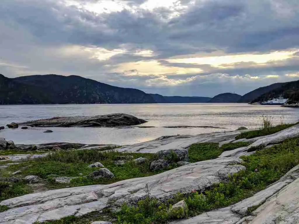 The entrance to the Fjord from the St Lawrance River with the cliffs on either side.