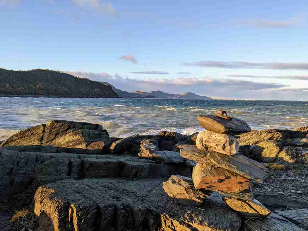 inukshuk on the tral on Le Grand Tour hike in Bic National Park