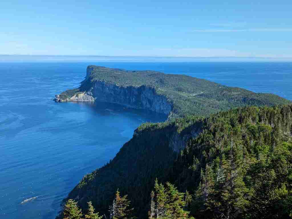 La forêt et les falaises du parc national Forillon avec la mer bleue à leurs pieds vues de la tour au sommet du mont Alban