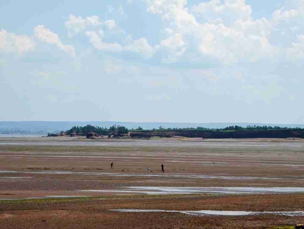 Deux parents et un enfant profitent de la plage à marée basse avec les falaises de grès au loin à Blomidon en Nouvelle-Écosse
