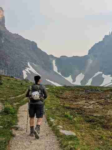 Hiking in Larch Valley towards Mount Temple