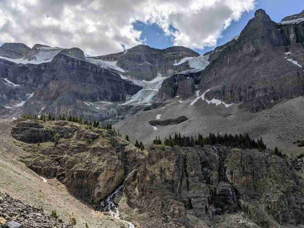 Stanley Glacier amoung the mountain peaks as seen from the trail