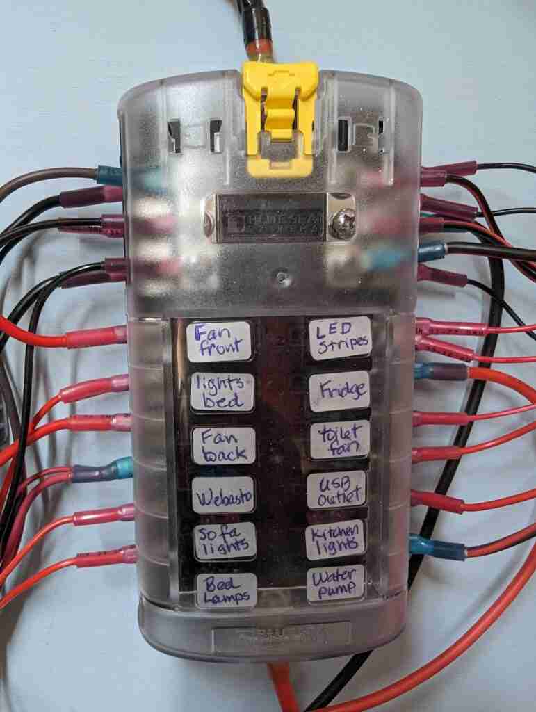 fuse box with wires coming in and the labels for each wire