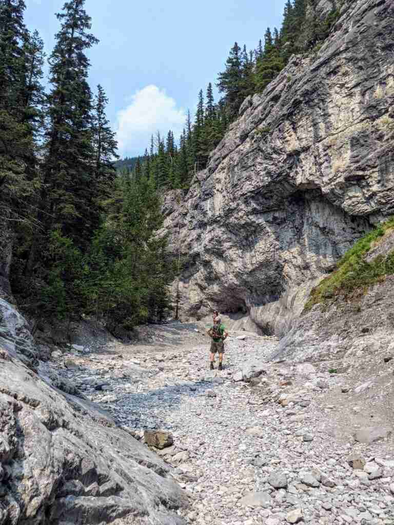 randonneur debout sur le lit du ruisseau du canyon Grotto regardant la haute paroi rocheuse