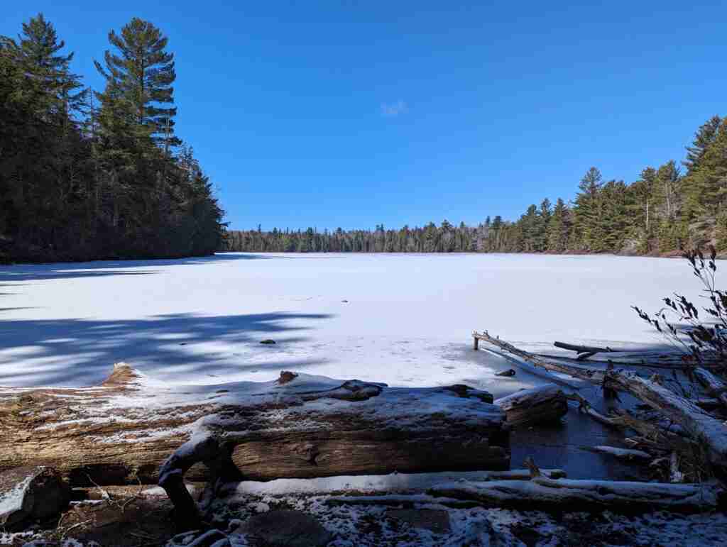 frozen lake in as seen from the trail in Algonquin Park