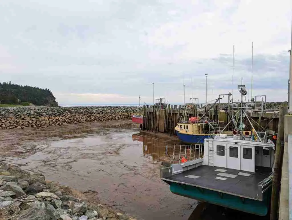 boats lying on the sea floor at low tide in Alma Harbour