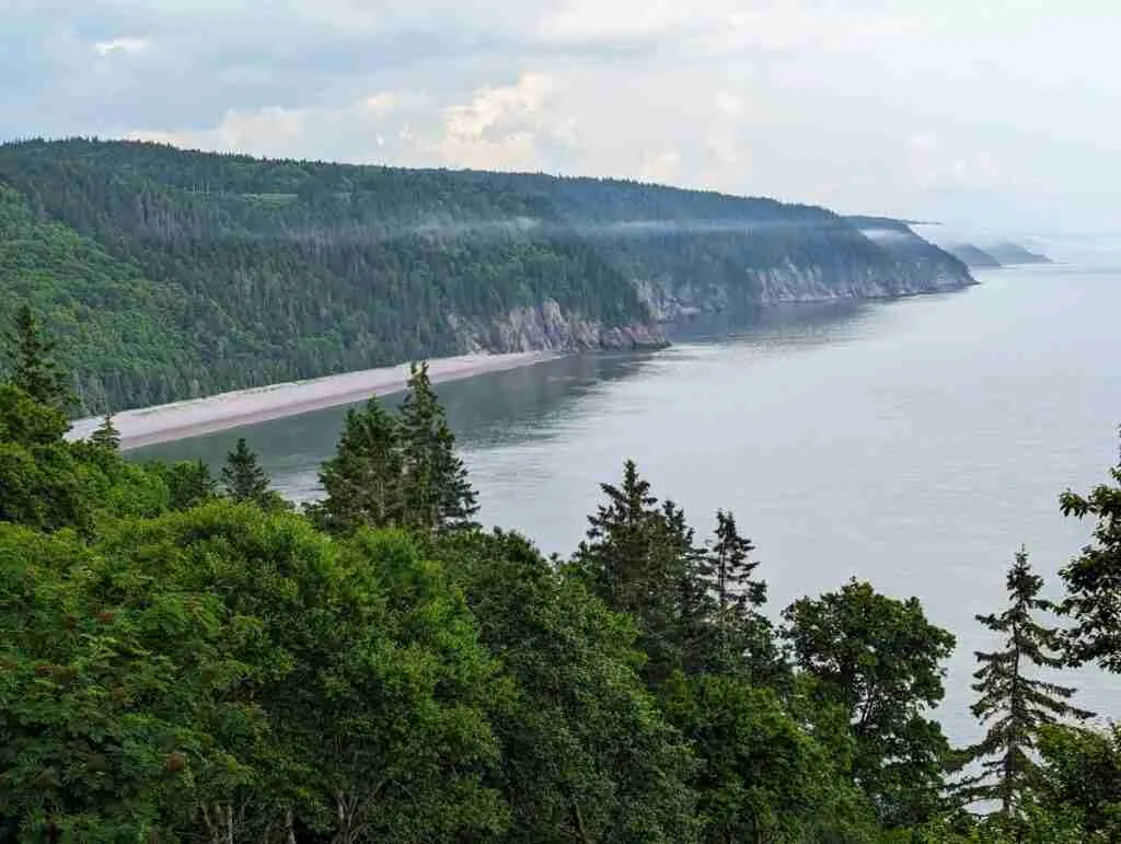 view of a pink pebble beach with the rolling hills and high cliffs following the shore of the Bay of Fundy