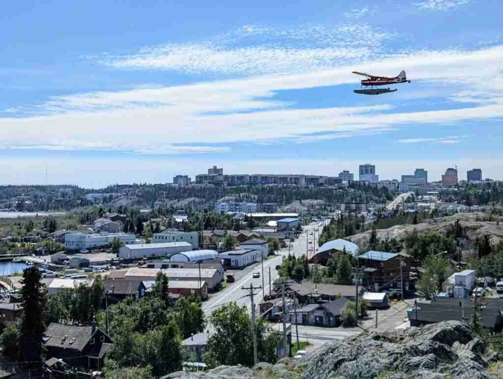 Hydroplane flying over the city of Yellowknife