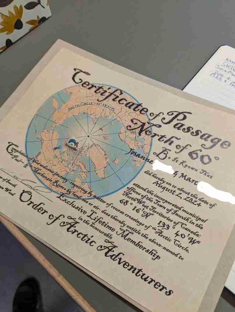 certificate of passage North of 60 from the Order of Arctic Adventurers