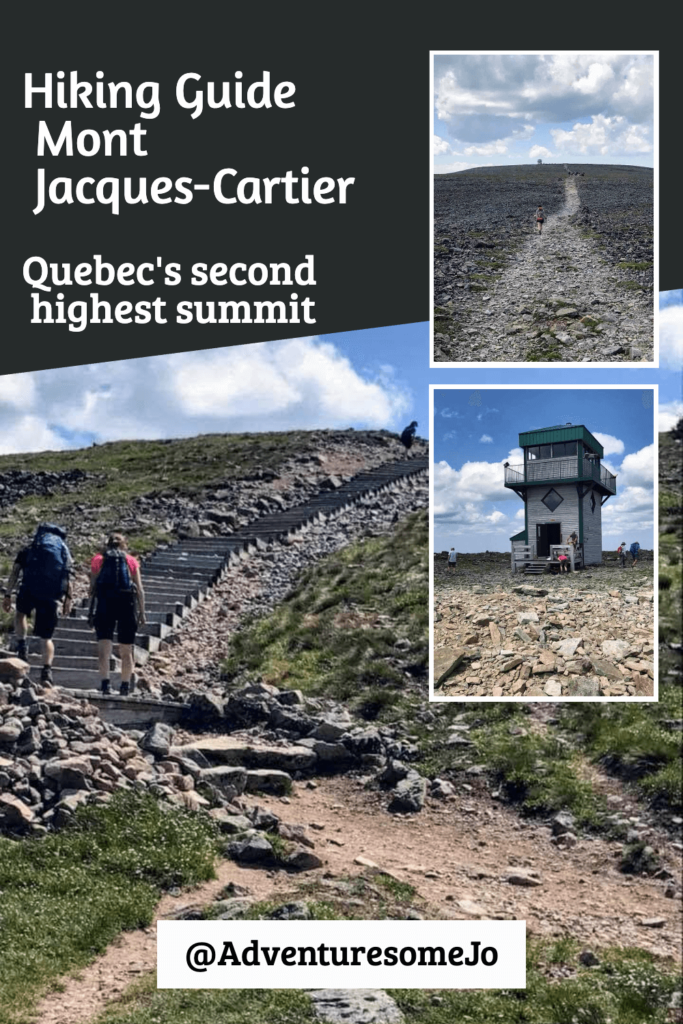 pin on hiking Mont Jacques-Cartier in Gaspesie National Park showing two hikers climbing the trail to the summit