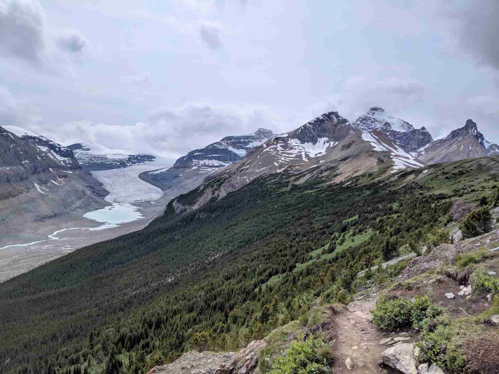 narrow dirt trail of the Parker Ridge Hike along the crest with the Saskatchewan Glacier in the distance and the Rocky Mountains on each side of the valley