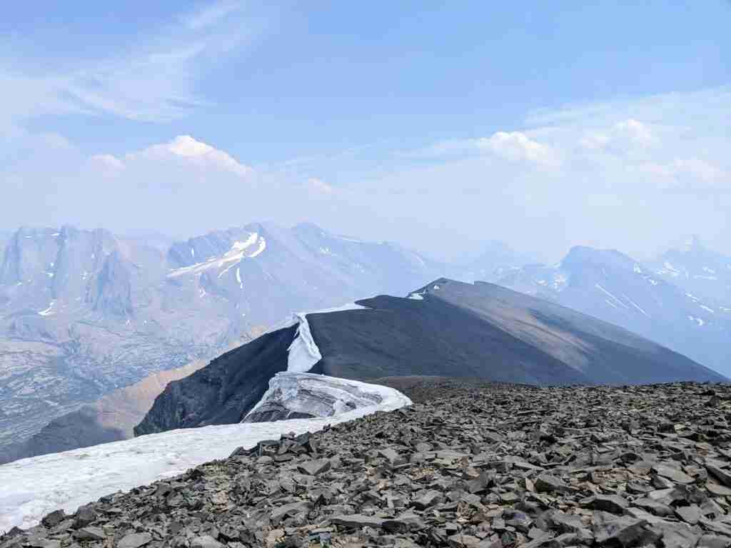 Summit ridge of Tangle Ridge with loose scree and snow
